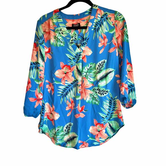 Jones New York Women's Blue Lagoon Multi Printed Chiffon Tunic Top Size XS NWT - Picture 6 of 15